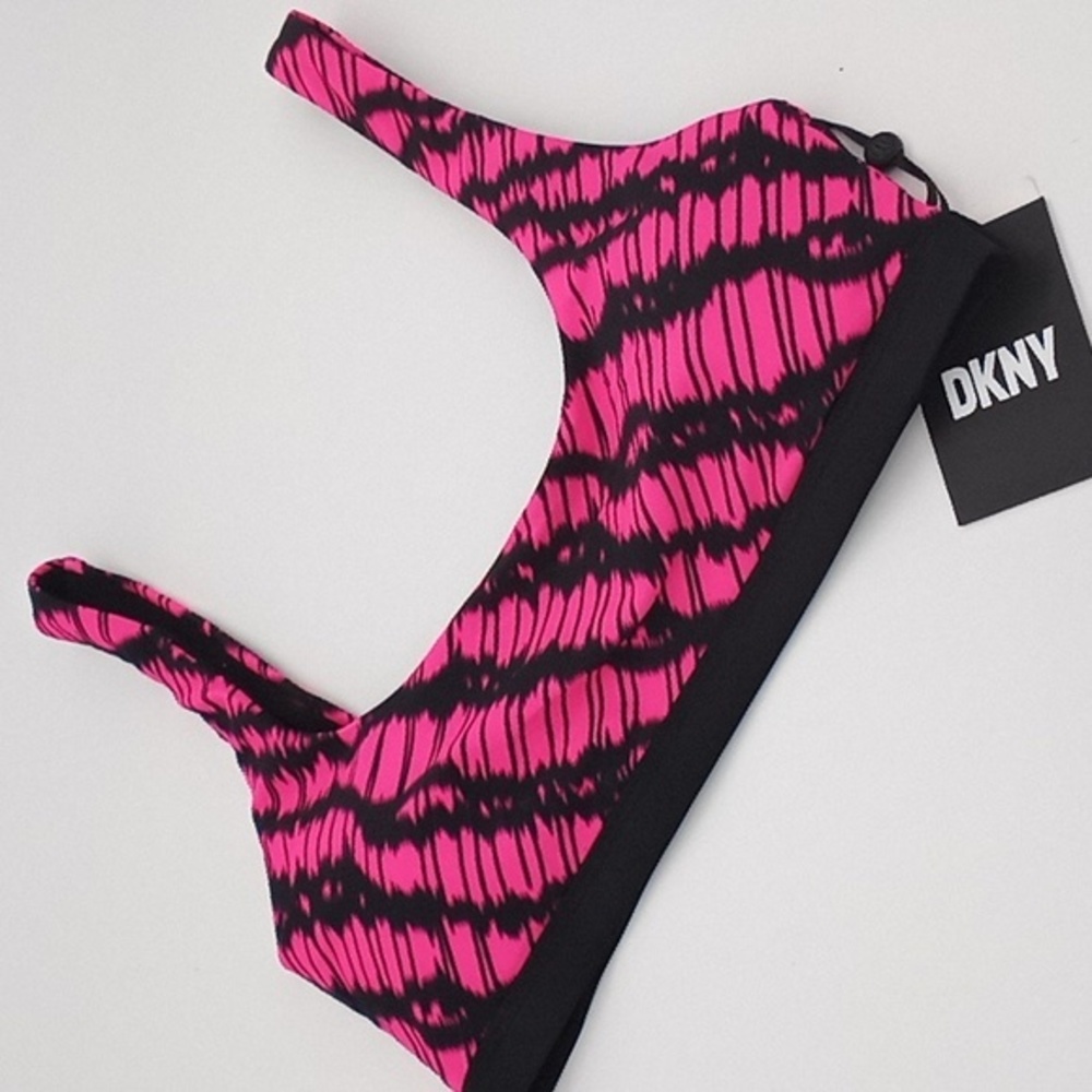 DKNY Printed Square Neck Bikini Swim Top Neon Pink Black